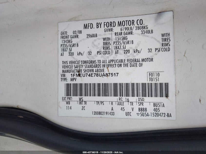 2008 Ford Explorer Eddie Bauer VIN: 1FMEU74E78UA87517 Lot: 43736319