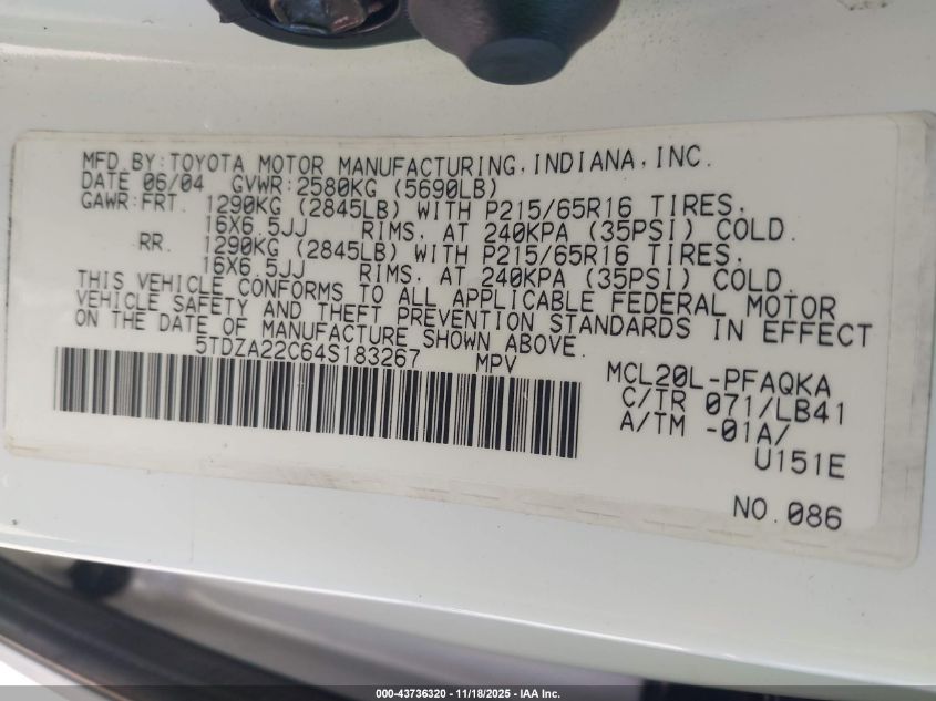 2004 Toyota Sienna Xle VIN: 5TDZA22C64S183267 Lot: 43736320