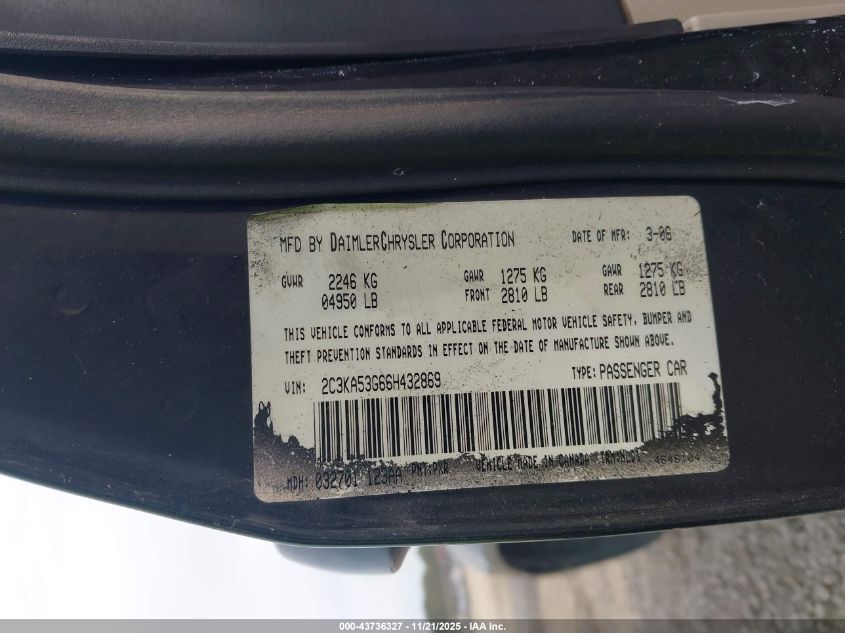 2006 Chrysler 300 Touring VIN: 2C3KA53G66H432869 Lot: 43736327