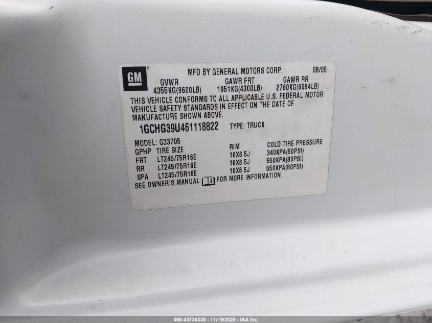 2006 Chevrolet Express Work Van VIN: 1GCHG39U461118822 Lot: 43736335