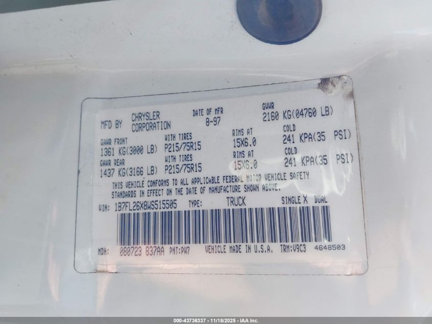 1998 Dodge Dakota Slt/Sport VIN: 1B7FL26X8WS515505 Lot: 43736337