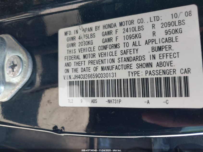 2009 Acura Tsx VIN: JH4CU26659C030131 Lot: 43736346