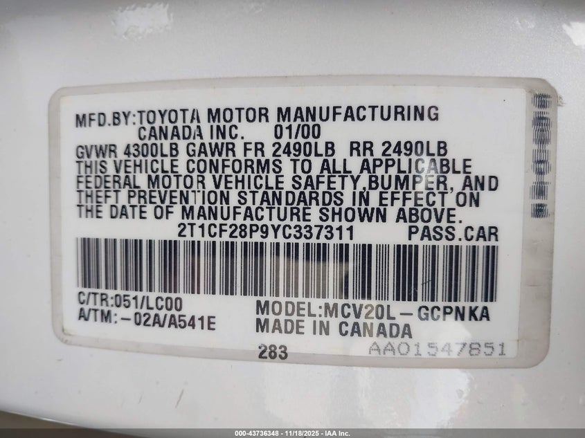 2000 Toyota Camry Solara Sle V6 VIN: 2T1CF28P9YC337311 Lot: 43736348