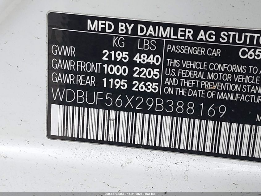 2009 Mercedes-Benz E 350 VIN: WDBUF56X29B388169 Lot: 43736356