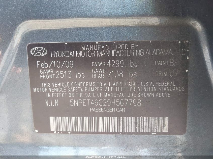 2009 Hyundai Sonata Gls VIN: 5NPET46C29H567798 Lot: 43736363