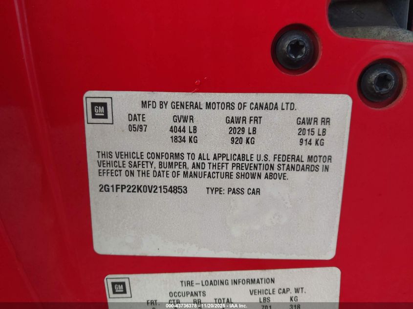 1997 Chevrolet Camaro VIN: 2G1FP22K0V2154853 Lot: 43736378