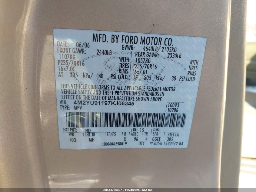 2007 Mercury Mariner Luxury VIN: 4M2YU91197KJ06345 Lot: 43736397