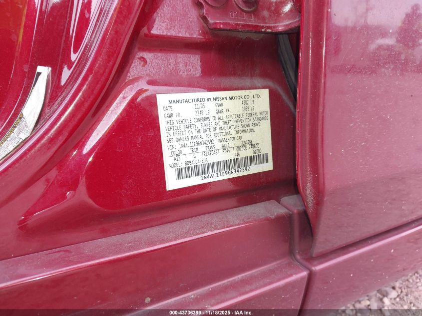 2006 Nissan Altima 2.5 S VIN: 1N4AL11E96N342592 Lot: 43736399