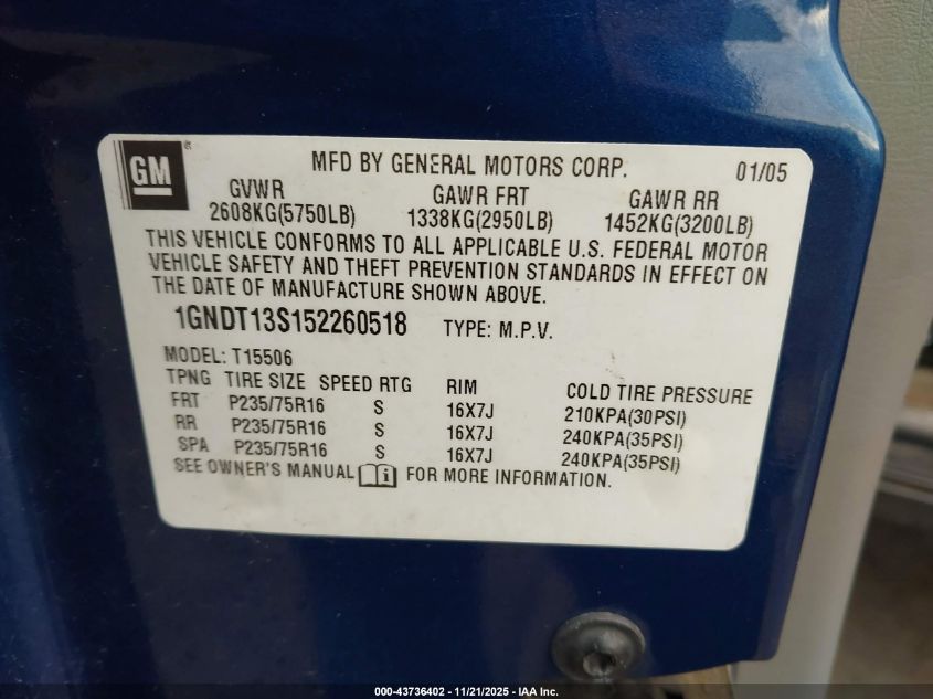 2005 Chevrolet Trailblazer Ls VIN: 1GNDT13S152260518 Lot: 43736402