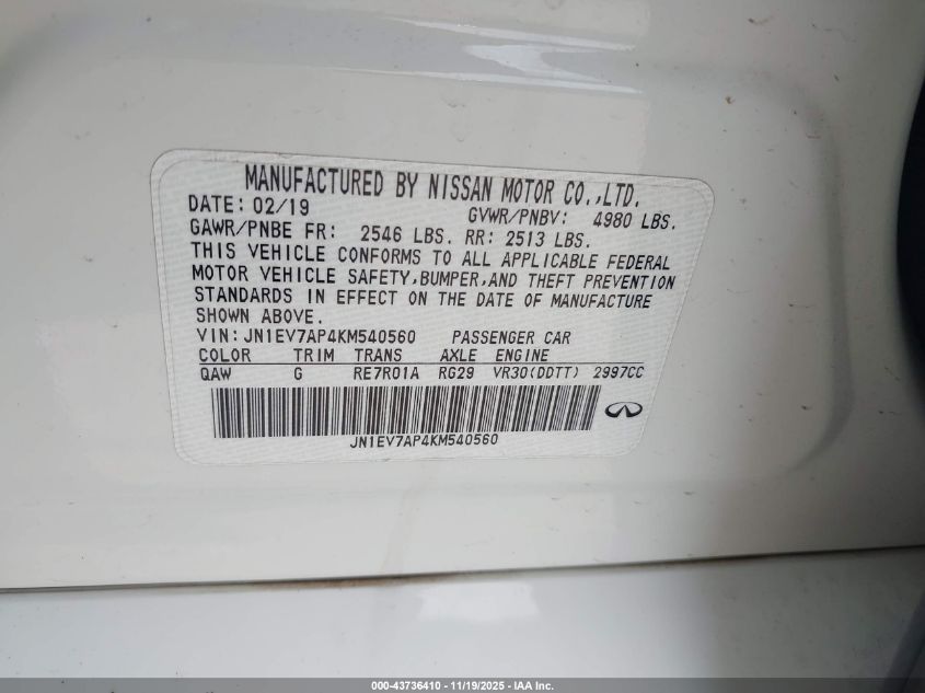 2019 Infiniti Q50 3.0T Luxe VIN: JN1EV7AP4KM540560 Lot: 43736410