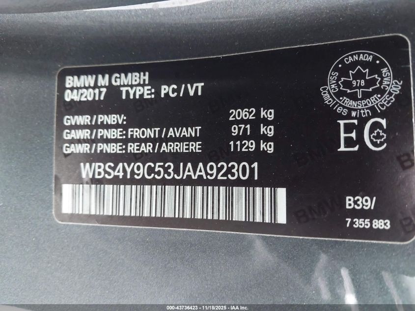 2018 BMW M4 VIN: WBS4Y9C53JAA92301 Lot: 43736423