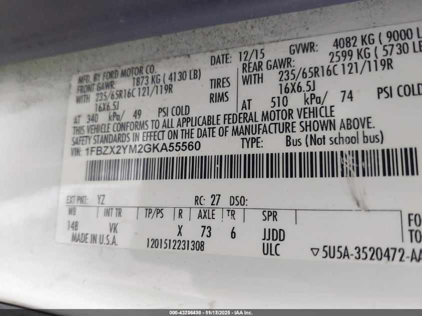 2016 Ford Transit-350 Xl VIN: 1FBZX2YM2GKA55560 Lot: 43736430