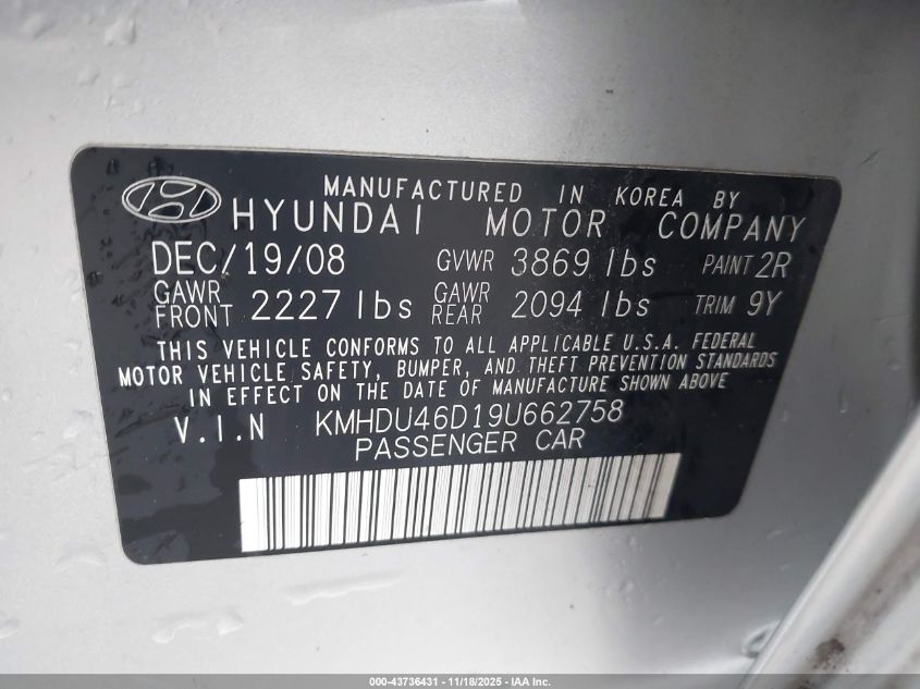 2009 Hyundai Elantra Se VIN: KMHDU46D19U662758 Lot: 43736431