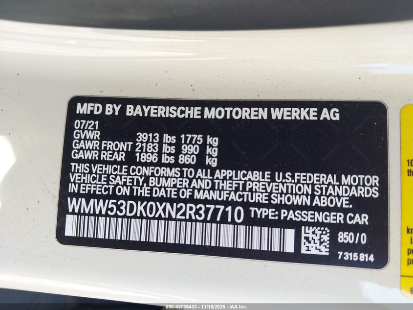 2022 Mini Hardtop Cooper S VIN: WMW53DK0XN2R37710 Lot: 43736433