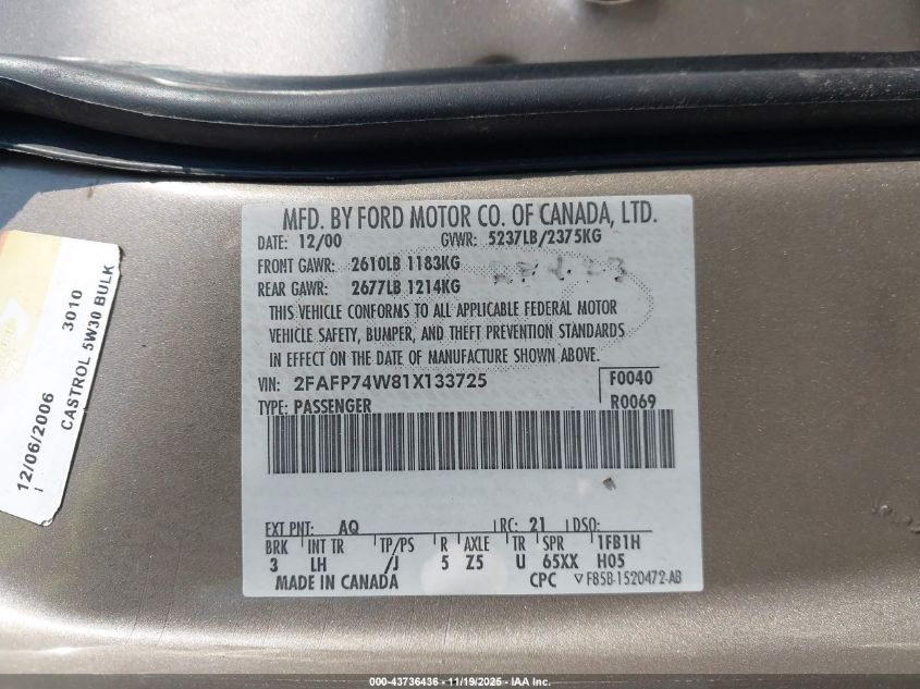 2001 Ford Crown Victoria Lx VIN: 2FAFP74W81X133725 Lot: 43736436