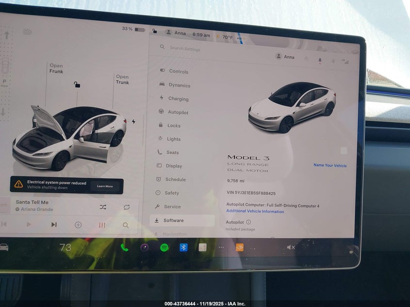 2025 Tesla Model 3 Long Range All-Wheel Drive VIN: 5YJ3E1EB5SF888425 Lot: 43736444