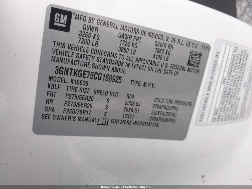 2012 Chevrolet Avalanche 1500 Ltz VIN: 3GNTKGE75CG168925 Lot: 43736445