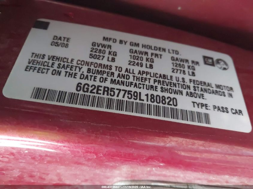 2009 Pontiac G8 VIN: 6G2ER57759L180820 Lot: 43736447