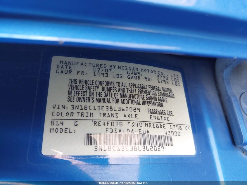 2008 Nissan Versa 1.8S VIN: 3N1BC13E38L362029 Lot: 43736450