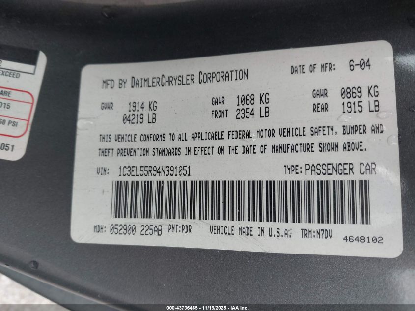 2004 Chrysler Sebring Lxi VIN: 1C3EL55R94N391051 Lot: 43736465