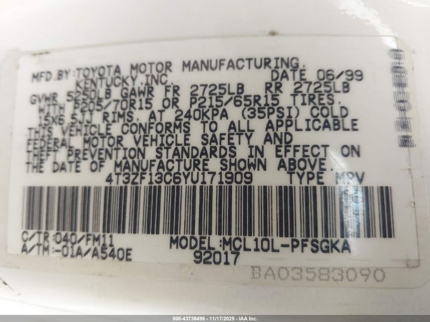 2000 Toyota Sienna Xle VIN: 4T3ZF13C6YU171909 Lot: 43736496