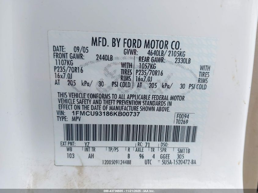 2006 Ford Escape Xlt/Xlt Sport VIN: 1FMCU93186KB00737 Lot: 43736505