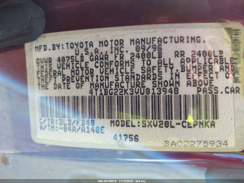 4T1BG22K3VU013948 1997 TOYOTA CAMRY photo no. 9