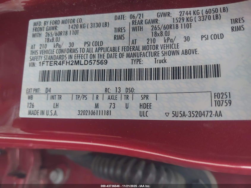 2021 Ford Ranger Xlt VIN: 1FTER4FH2MLD57569 Lot: 43736546