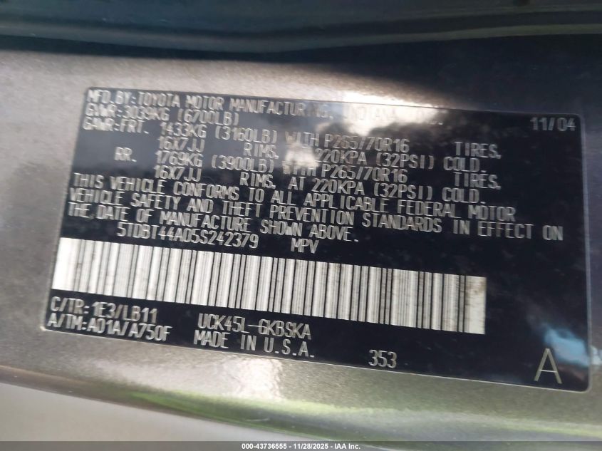 2005 Toyota Sequoia Sr5 V8 VIN: 5TDBT44A05S242379 Lot: 43736555