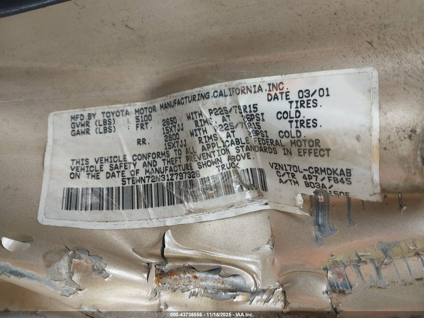 2001 Toyota Tacoma Base V6 VIN: 5TEWN72N31Z797326 Lot: 43736556