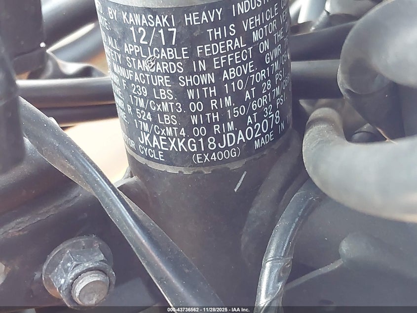 2018 Kawasaki Ex400 VIN: JKAEXKG18JDA02078 Lot: 43736562