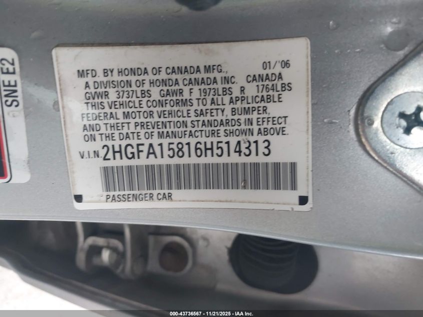 2006 Honda Civic Ex VIN: 2HGFA15816H514313 Lot: 43736567