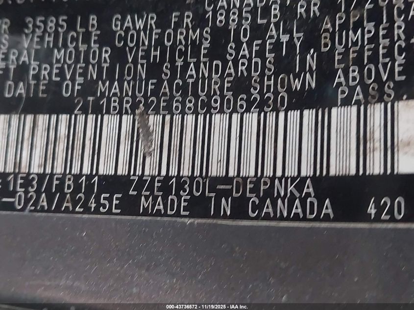 2008 Toyota Corolla Le VIN: 2T1BR32E68C906230 Lot: 43736572