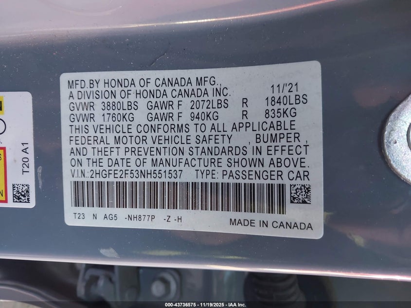 2HGFE2F53NH551537 2022 HONDA CIVIC photo no. 9