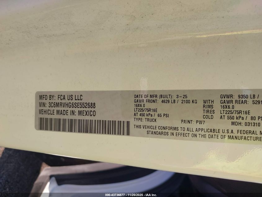 2025 Ram Promaster 3500 Tradesman High Roof 159 Wb W/Pass Seat VIN: 3C6MRVHG6SE552688 Lot: 43736577