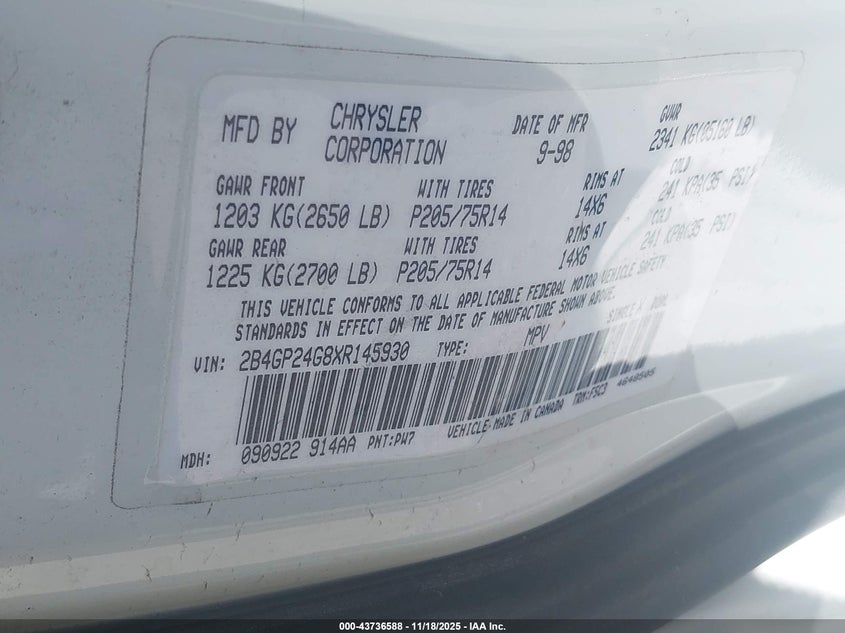 1999 Dodge Grand Caravan VIN: 2B4GP24G8XR145930 Lot: 43736588