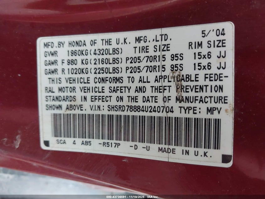 2004 Honda Cr-V Ex VIN: SHSRD78884U240704 Lot: 43736591