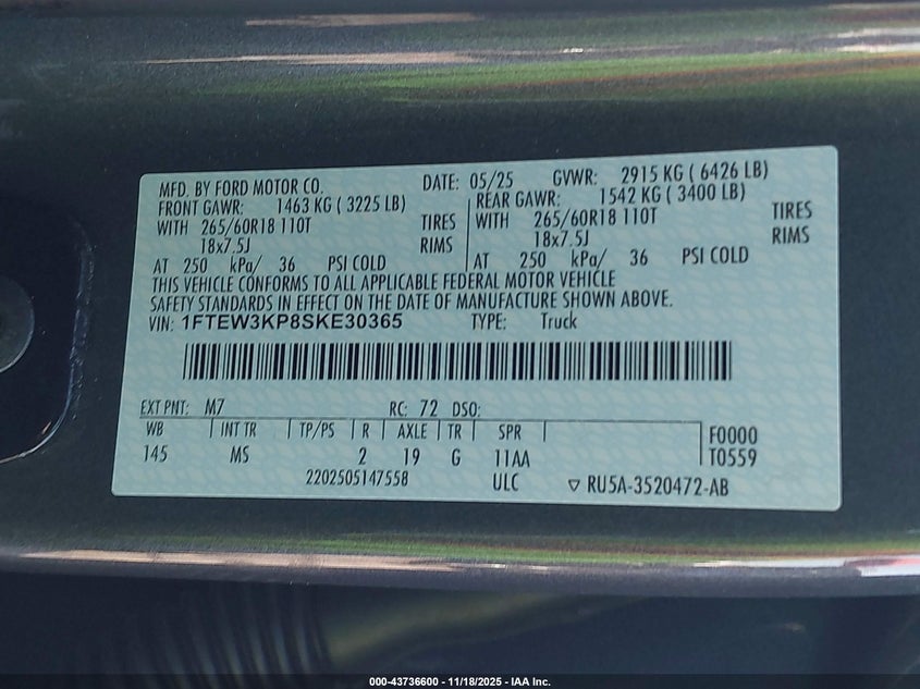 1FTEW3KP8SKE30365 2025 FORD F-150 photo no. 9