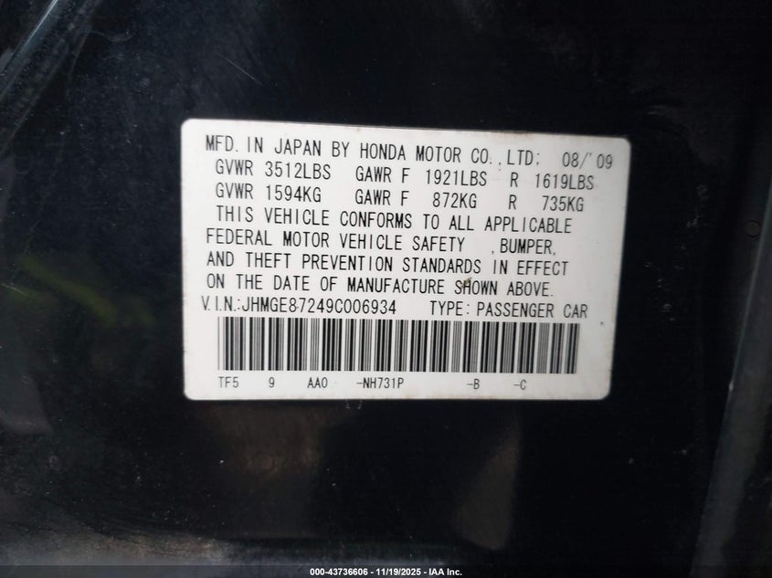 2009 Honda Fit VIN: JHMGE87249C006934 Lot: 43736606