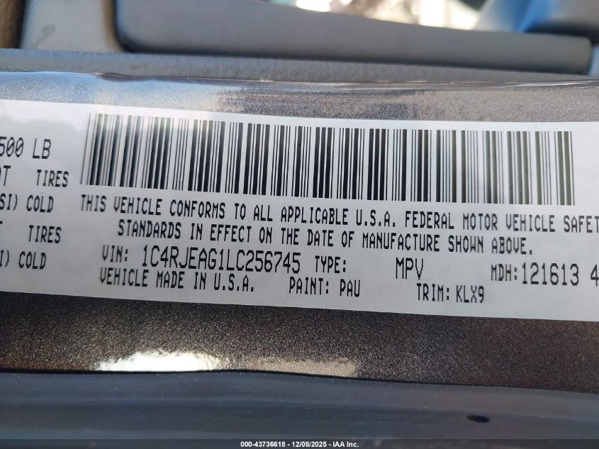 2020 Jeep Grand Cherokee Laredo E 4X2 VIN: 1C4RJEAG1LC256745 Lot: 43736618