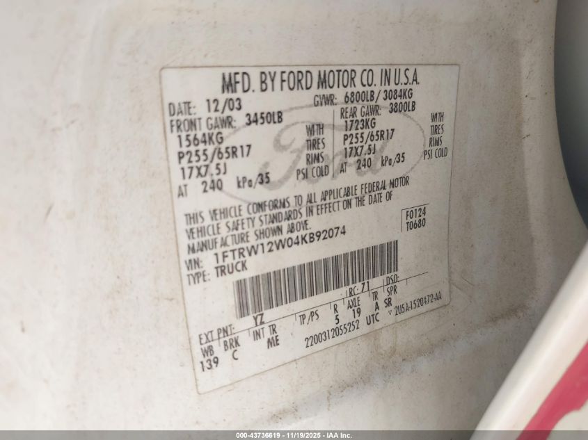 2004 Ford F-150 Xlt VIN: 1FTRW12W04KB92074 Lot: 43736619