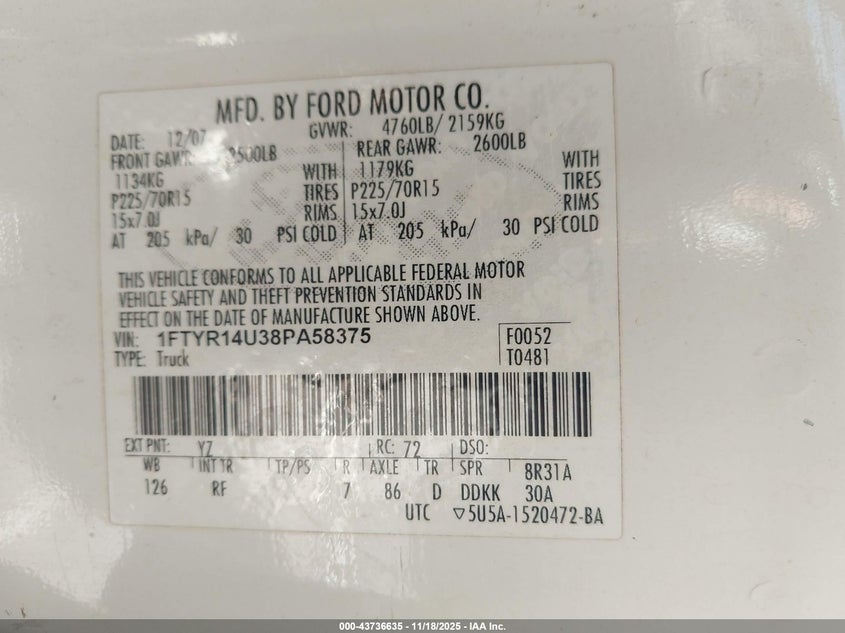 2008 Ford Ranger Sport/Xl/Xlt VIN: 1FTYR14U38PA58375 Lot: 43736635