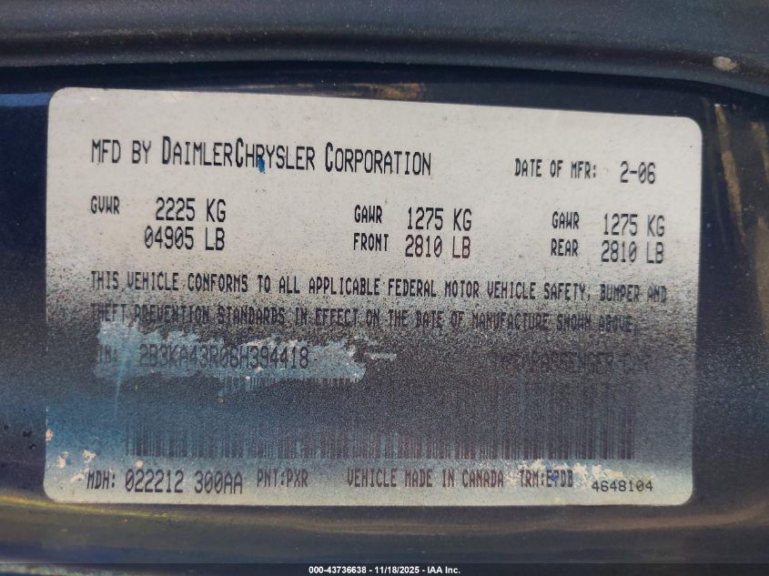 2006 Dodge Charger VIN: 2B3KA43R06H394418 Lot: 43736638