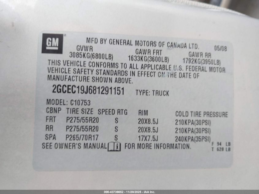 2008 Chevrolet Silverado 1500 Lt1 VIN: 2GCEC19J681291151 Lot: 43736652