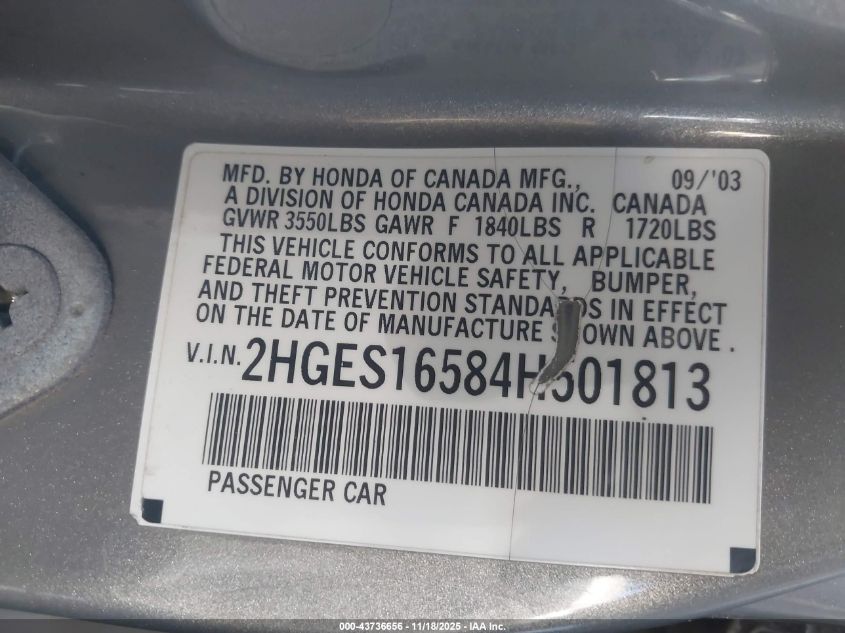 2004 Honda Civic Lx VIN: 2HGES16584H501813 Lot: 43736656