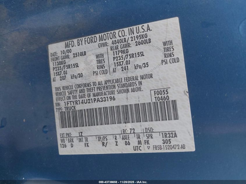 2001 Ford Ranger Edge/Xl/Xlt VIN: 1FTYR14U21PA33196 Lot: 43736658