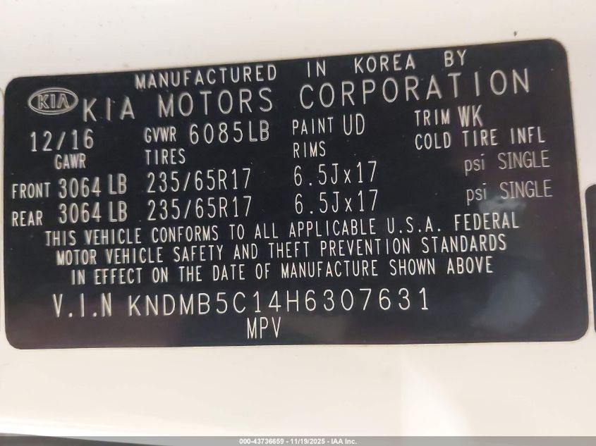 2017 Kia Sedona Lx VIN: KNDMB5C14H6307631 Lot: 43736659