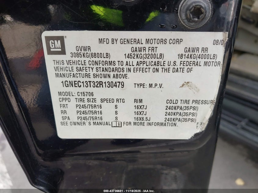 2002 Chevrolet Tahoe Lt VIN: 1GNEC13T32R130479 Lot: 43736681