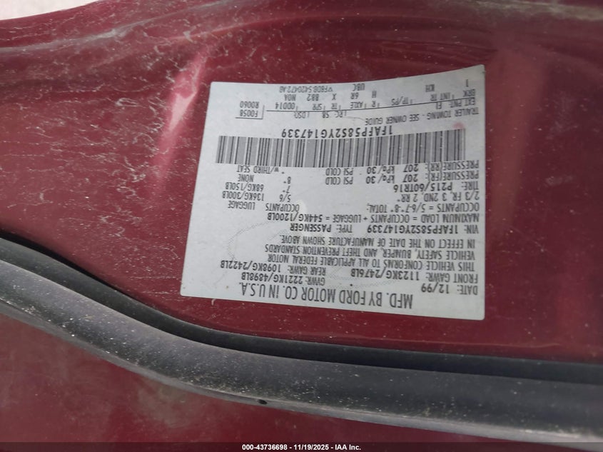 2000 Ford Taurus Se VIN: 1FAFP58S2YG147339 Lot: 43736698