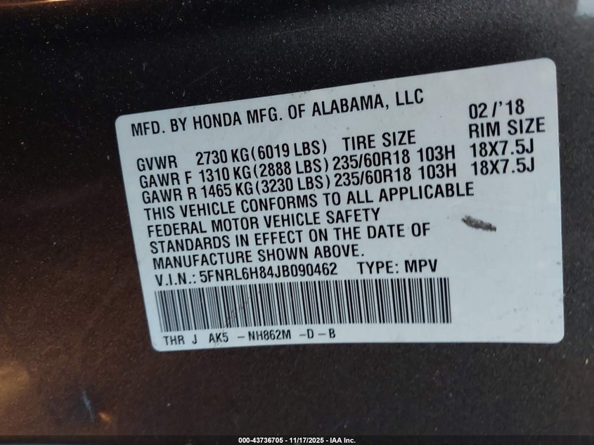 5FNRL6H84JB090462 2018 HONDA ODYSSEY photo no. 9